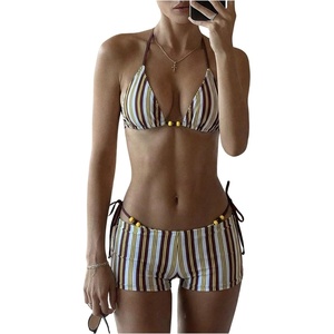image:imageMakeMeChic Womens Bikini with Shorts Boyshort Bikini Set Halter Triangle Tie Backless Y2K SwimsuitBrown and Yellow