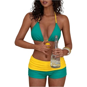 image:imageMakeMeChic Womens Bikini with Shorts Boyshort Bikini Set Halter Triangle Tie Backless Y2K SwimsuitGreen and Yellow