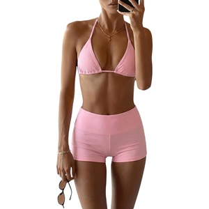 image:imageMakeMeChic Womens Bikini with Shorts Boyshort Bikini Set Halter Triangle Tie Backless Y2K SwimsuitPink B