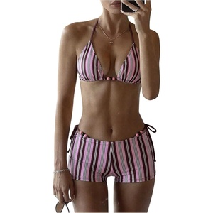image:imageMakeMeChic Womens Bikini with Shorts Boyshort Bikini Set Halter Triangle Tie Backless Y2K SwimsuitPink and Brown