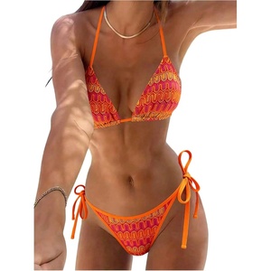 image:imageMakeMeChic Womens Floral Sequin Colorful Striped Triangle Thong Bikini Sets Halter String Swimsuit Bathing SuitBright Orange