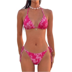 image:imageMakeMeChic Womens Floral Sequin Colorful Striped Triangle Thong Bikini Sets Halter String Swimsuit Bathing SuitFlower Pink