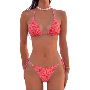 image:imageMakeMeChic Womens Floral Sequin Colorful Striped Triangle Thong Bikini Sets Halter String Swimsuit Bathing SuitRed Pink Floral