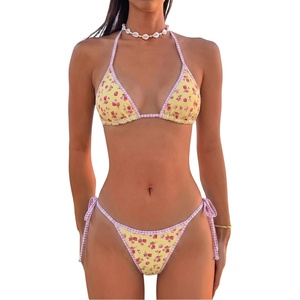 image:imageMakeMeChic Womens Floral Sequin Colorful Striped Triangle Thong Bikini Sets Halter String Swimsuit Bathing SuitYellow Floral
