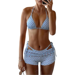 image:imageMakeMeChic Womens Polka Dots Triangle Bikini Sets Swim Shorts Y2K Leopard Striped Bathing Suit SwimsuitBlue Red Dots