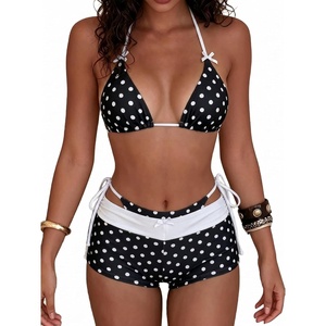 image:imageMakeMeChic Womens Polka Dots Triangle Bikini Sets Swim Shorts Y2K Leopard Striped Bathing Suit SwimsuitBow Black