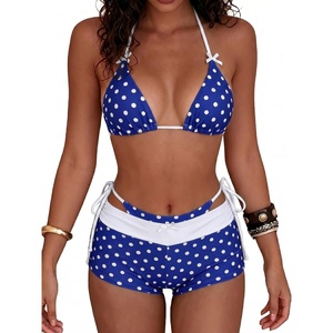 image:imageMakeMeChic Womens Polka Dots Triangle Bikini Sets Swim Shorts Y2K Leopard Striped Bathing Suit SwimsuitBow Blue