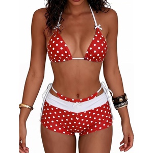 image:imageMakeMeChic Womens Polka Dots Triangle Bikini Sets Swim Shorts Y2K Leopard Striped Bathing Suit SwimsuitBow Red