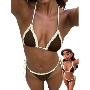 image:imageMakeMeChic Womens Polka Dots Triangle Thong Bikini Sets Gingham Halter Cute Swimsuit Bathing SuitBrown