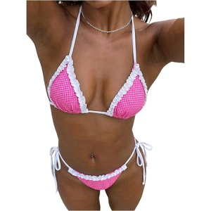 image:imageMakeMeChic Womens Polka Dots Triangle Thong Bikini Sets Gingham Halter Cute Swimsuit Bathing SuitHot Pink