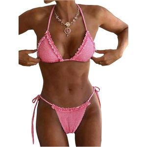 image:imageMakeMeChic Womens Polka Dots Triangle Thong Bikini Sets Gingham Halter Cute Swimsuit Bathing SuitPlaid Pink