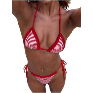 image:imageMakeMeChic Womens Polka Dots Triangle Thong Bikini Sets Gingham Halter Cute Swimsuit Bathing SuitStriped Red