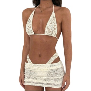 image:imageMakeMeChic Womens Triangle Thong Bikini Sets Floral Lace Halter Bathing Suit Swimsuit Cover Up SkirtWhite