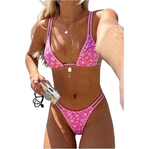 image:imageMakeMeChic Womens Tropical Boho Triangle Thong Bikini Sets Zebra Cheetah Bathing Suit SwimsuitsHot Pink Flower