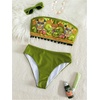 image:imageMAKEMECHIC Womens Boho Strapless Swimsuits Bandeau Mid Waist 2 Piece Bikini SetGreen