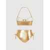 image:imageMakeMeChic Womens 2 Piece Gold Bikini Sets Metallic High Waisted Ruched Halter Tie Side Swim Bathing SuitGold