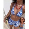 image:imageMakeMeChic Womens 3 Piece Boho Bathing Suits Triangle Halter Floral Paisley Summer Bikini with ShortsBlue and White