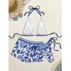image:imageMakeMeChic Womens 3 Piece Boho Bathing Suits Triangle Halter Floral Paisley Summer Bikini with ShortsBlue and White