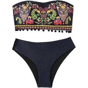 image:imageMAKEMECHIC Womens Boho Strapless Swimsuits Bandeau Mid Waist 2 Piece Bikini SetBlack