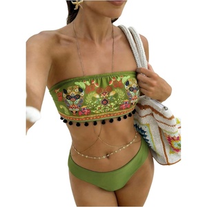 image:imageMAKEMECHIC Womens Boho Strapless Swimsuits Bandeau Mid Waist 2 Piece Bikini SetGreen