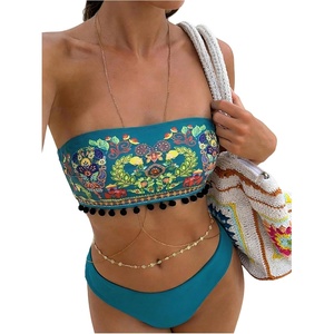 image:imageMAKEMECHIC Womens Boho Strapless Swimsuits Bandeau Mid Waist 2 Piece Bikini SetTeal Blue