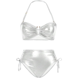 image:imageMakeMeChic Womens 2 Piece Gold Bikini Sets Metallic High Waisted Ruched Halter Tie Side Swim Bathing SuitWhite