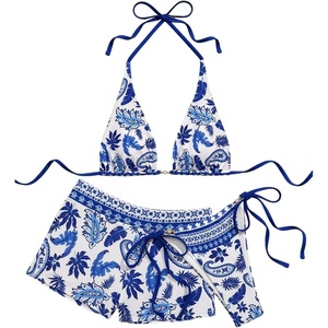 image:imageMakeMeChic Womens 3 Piece Boho Bathing Suits Triangle Halter Floral Paisley Summer Bikini with ShortsBlue and White