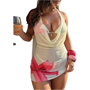 image:imageMakeMeChic Womens 3 Piece Summer Swimsuits Metal 3D Floral Draped Halter Cheeky Boho Sheer Bathing SuitsMulticolor