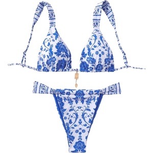 image:imageMakeMeChic Womens Floral Print 2 Piece Bikini Sets Tie Back Triangle Thong Bathing Suit SwimsuitN Blue