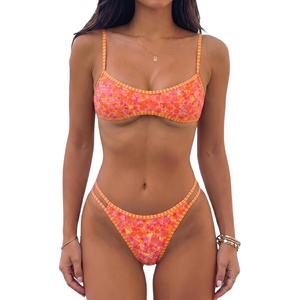 image:imageMakeMeChic Womens Micro Tanning Bikini Sets Cheetah Gingham Sexy Tiny Bathing Suit SwimsuitOrange Floral