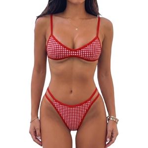 image:imageMakeMeChic Womens Micro Tanning Bikini Sets Cheetah Gingham Sexy Tiny Bathing Suit SwimsuitRed