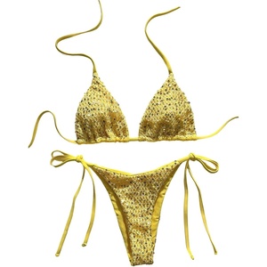 image:imageMakeMeChic Womens Sexy Sequin Bikini Sets String Halter Triangle Swimsuits Two Piece Summer Bathing SuitYellow