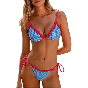 image:imageMakeMeChic Womens Summer Gingham 2 Piece Bikini Set Halter String Triangle Swimsuit Beach Vacation SwimwearBlue and Red