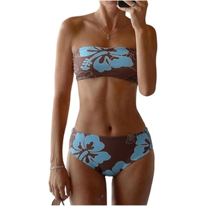 image:imageMakeMeChic Womens Bandeau Bikini Sets High Waisted Cheeky 2 Piece Strapless Bathing SuitBrown Floral
