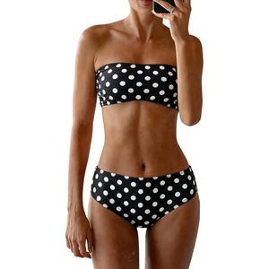 image:imageMakeMeChic Womens Bandeau Bikini Sets High Waisted Cheeky 2 Piece Strapless Bathing SuitDots Black