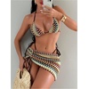 image:imageMakeMeChic Womens 3 Piece Swimsuits Striped Halter Triangle Thong Bikini Sets with Cover Up Skirt