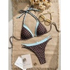 image:imageMakeMeChic Womens Double Layer Triangle Thong Bikini Sets Halter High Leg Swimsuit Bathing SuitDots Brown Blue