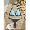 image:imageMakeMeChic Womens Double Layer Triangle Thong Bikini Sets Halter High Leg Swimsuit Bathing SuitDots Brown Blue