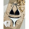 image:imageMakeMeChic Womens Double Layer Triangle Thong Bikini Sets Halter High Leg Swimsuit Bathing SuitWhite Black