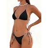 image:imageMakeMeChic Womens Halter Triangle Thong Bikini Sets Solid Cheetah Print Swimsuit Bathing SuitBlack