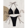 image:imageMakeMeChic Womens Halter Triangle Thong Bikini Sets Solid Cheetah Print Swimsuit Bathing SuitBlack