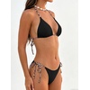 image:imageMakeMeChic Womens Halter Triangle Thong Bikini Sets Solid Cheetah Print Swimsuit Bathing SuitBlack