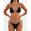 image:imageMakeMeChic Womens Halter Triangle Thong Bikini Sets Solid Cheetah Print Swimsuit Bathing SuitBlack