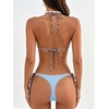 image:imageMakeMeChic Womens Halter Triangle Thong Bikini Sets Solid Cheetah Print Swimsuit Bathing SuitBlue