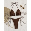 image:imageMakeMeChic Womens Halter Triangle Thong Bikini Sets Solid Cheetah Print Swimsuit Bathing SuitBrown