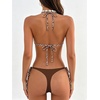 image:imageMakeMeChic Womens Halter Triangle Thong Bikini Sets Solid Cheetah Print Swimsuit Bathing SuitBrown