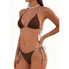 image:imageMakeMeChic Womens Halter Triangle Thong Bikini Sets Solid Cheetah Print Swimsuit Bathing SuitBrown