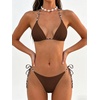image:imageMakeMeChic Womens Halter Triangle Thong Bikini Sets Solid Cheetah Print Swimsuit Bathing SuitBrown