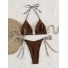 image:imageMakeMeChic Womens Halter Triangle Thong Bikini Sets Solid Cheetah Print Swimsuit Bathing SuitBrown