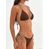 image:imageMakeMeChic Womens Halter Triangle Thong Bikini Sets Solid Cheetah Print Swimsuit Bathing SuitBrown